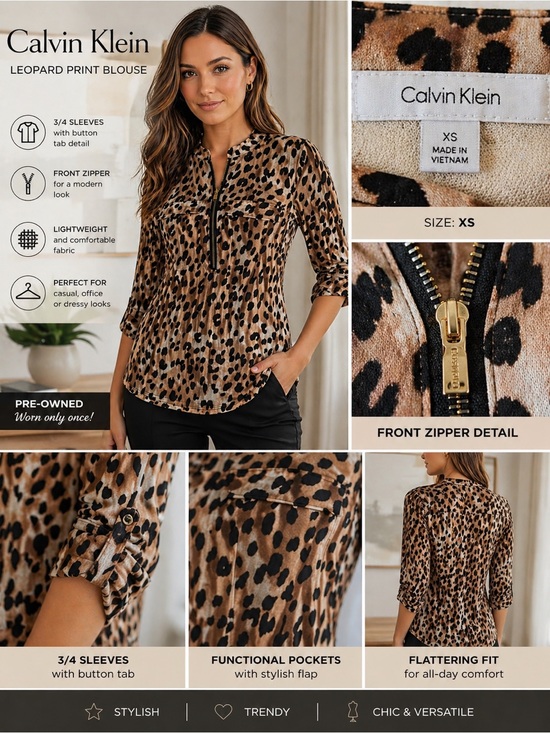 Calvin Klein Tops - Calvin Klein Leopard Print Blouse XS 3/4 Sleeve Zip Top Chic EUC
